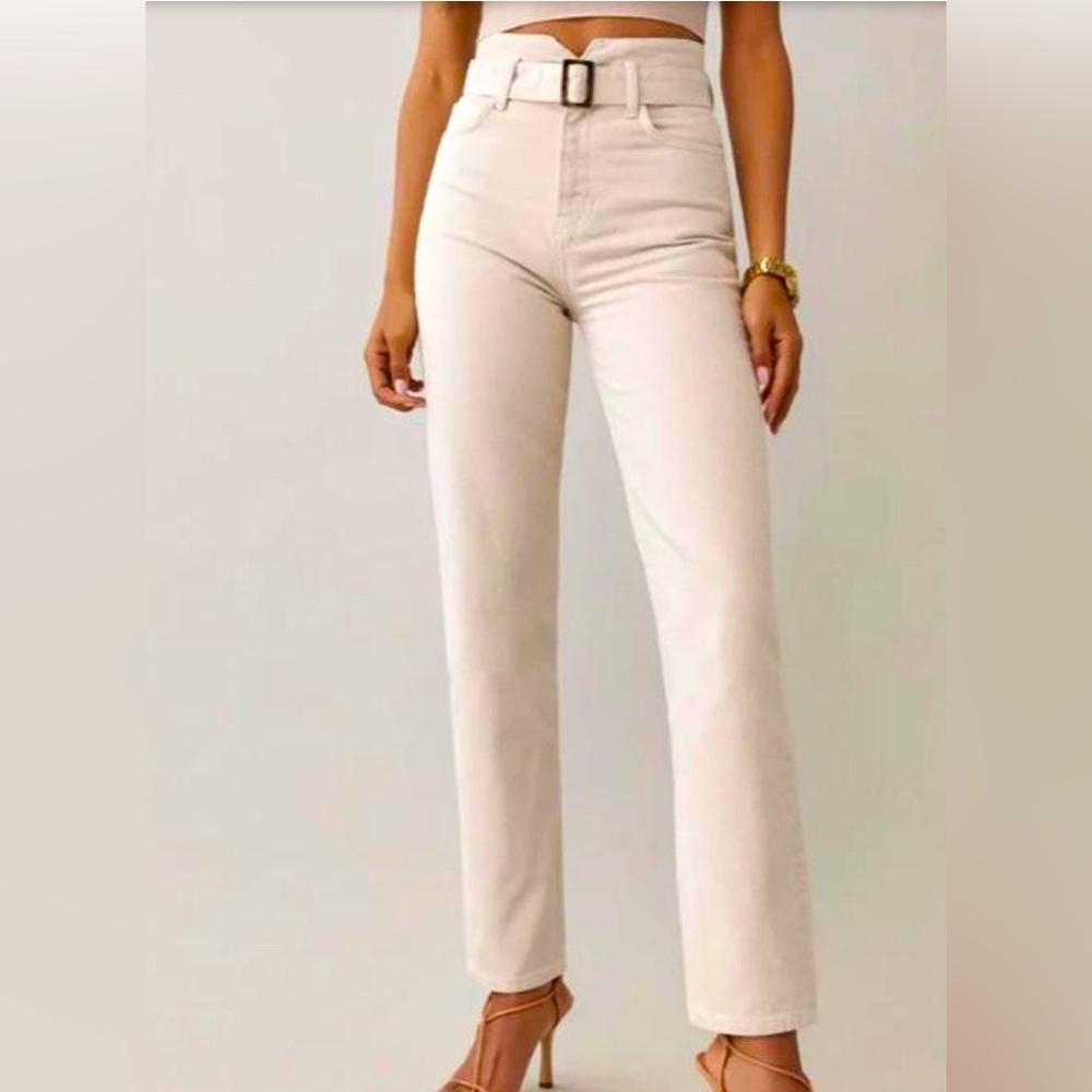 Reformation Cynthia Highrise belted jeans (bone)